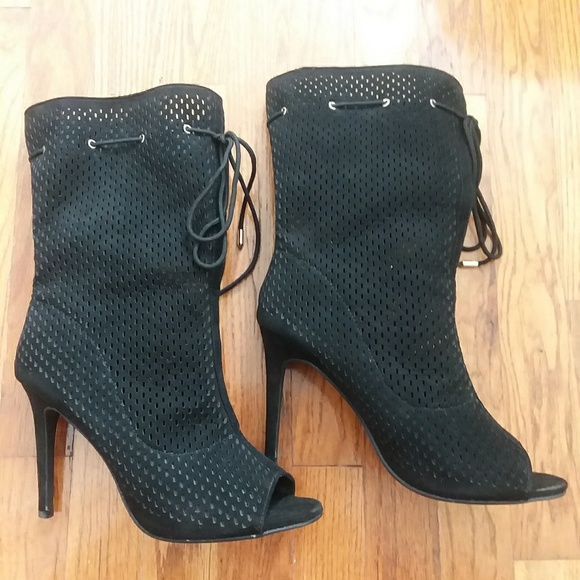 M & L Shoes - Black Drawstring Laser Cutout Open Toed Booties